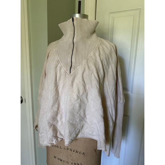 Free People Fp One Shiloh Sweatshirt Pullover Zip Oversized Ribbed sz M beige - Picture 1 of 16